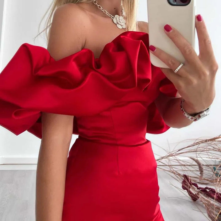 Women's Off-Shoulder Mini Dress - Ruffled Sleeves - Fitted Waist - Elegant Satin Finish