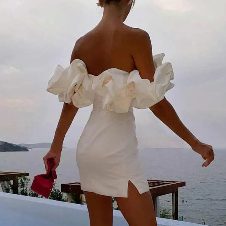 Women's Off-Shoulder Mini Dress - Ruffled Sleeves - Fitted Waist - Elegant Satin Finish