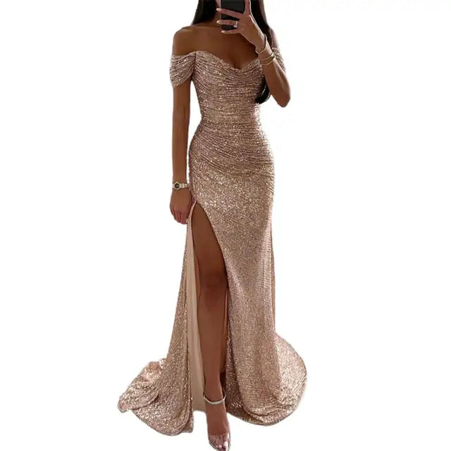 Women’s Evening Gown - Off-Shoulder Sweetheart Neckline - Sequin Embellished - High Slit
