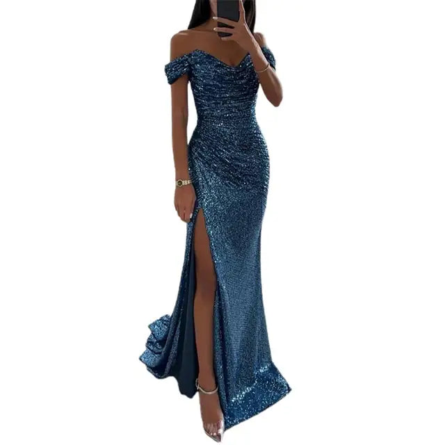 Women’s Evening Gown - Off-Shoulder Sweetheart Neckline - Sequin Embellished - High Slit