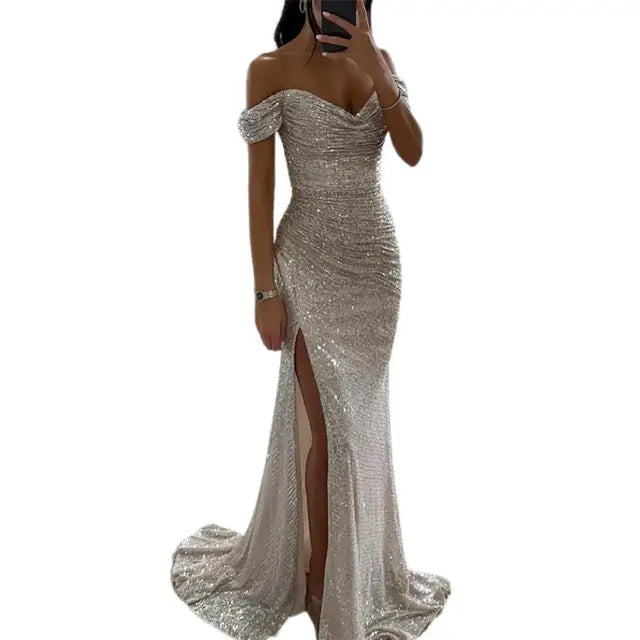 Women’s Evening Gown - Off-Shoulder Sweetheart Neckline - Sequin Embellished - High Slit