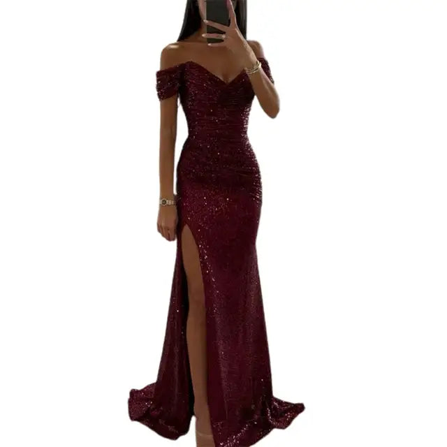 Women’s Evening Gown - Off-Shoulder Sweetheart Neckline - Sequin Embellished - High Slit
