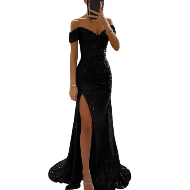Women’s Evening Gown - Off-Shoulder Sweetheart Neckline - Sequin Embellished - High Slit
