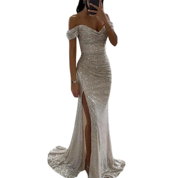 Women’s Evening Gown - Off-Shoulder Sweetheart Neckline - Sequin Embellished - High Slit