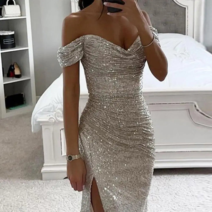 Women’s Evening Gown - Off-Shoulder Sweetheart Neckline - Sequin Embellished - High Slit