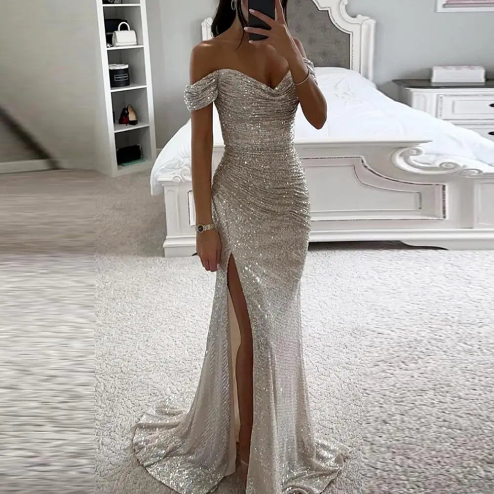 Women’s Evening Gown - Off-Shoulder Sweetheart Neckline - Sequin Embellished - High Slit