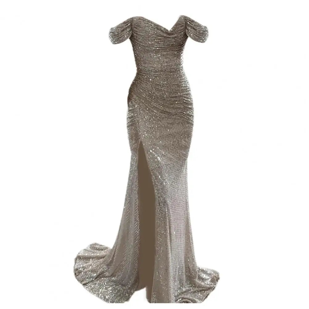 Women’s Evening Gown - Off-Shoulder Sweetheart Neckline - Sequin Embellished - High Slit