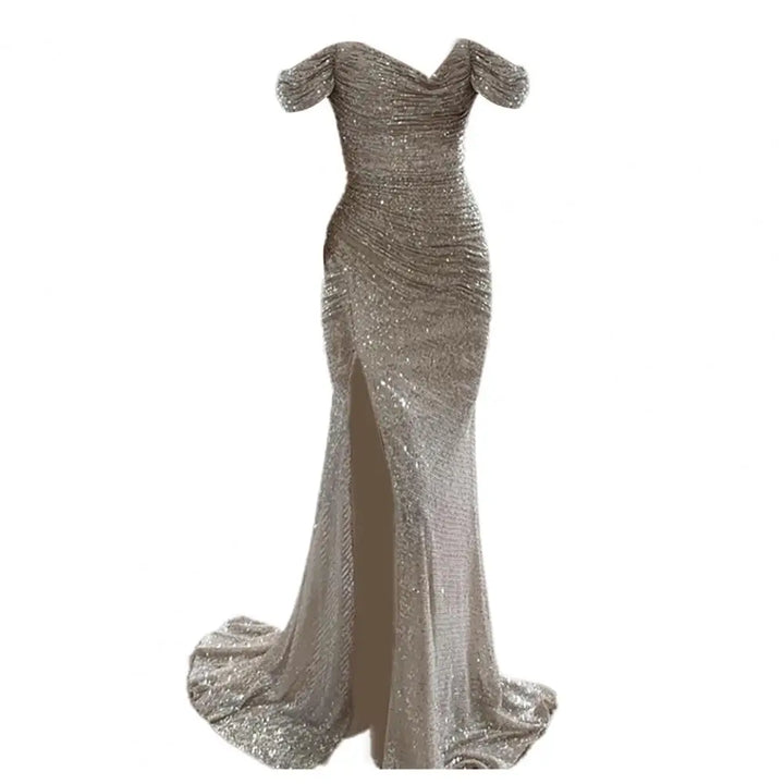 Women’s Evening Gown - Off-Shoulder Sweetheart Neckline - Sequin Embellished - High Slit