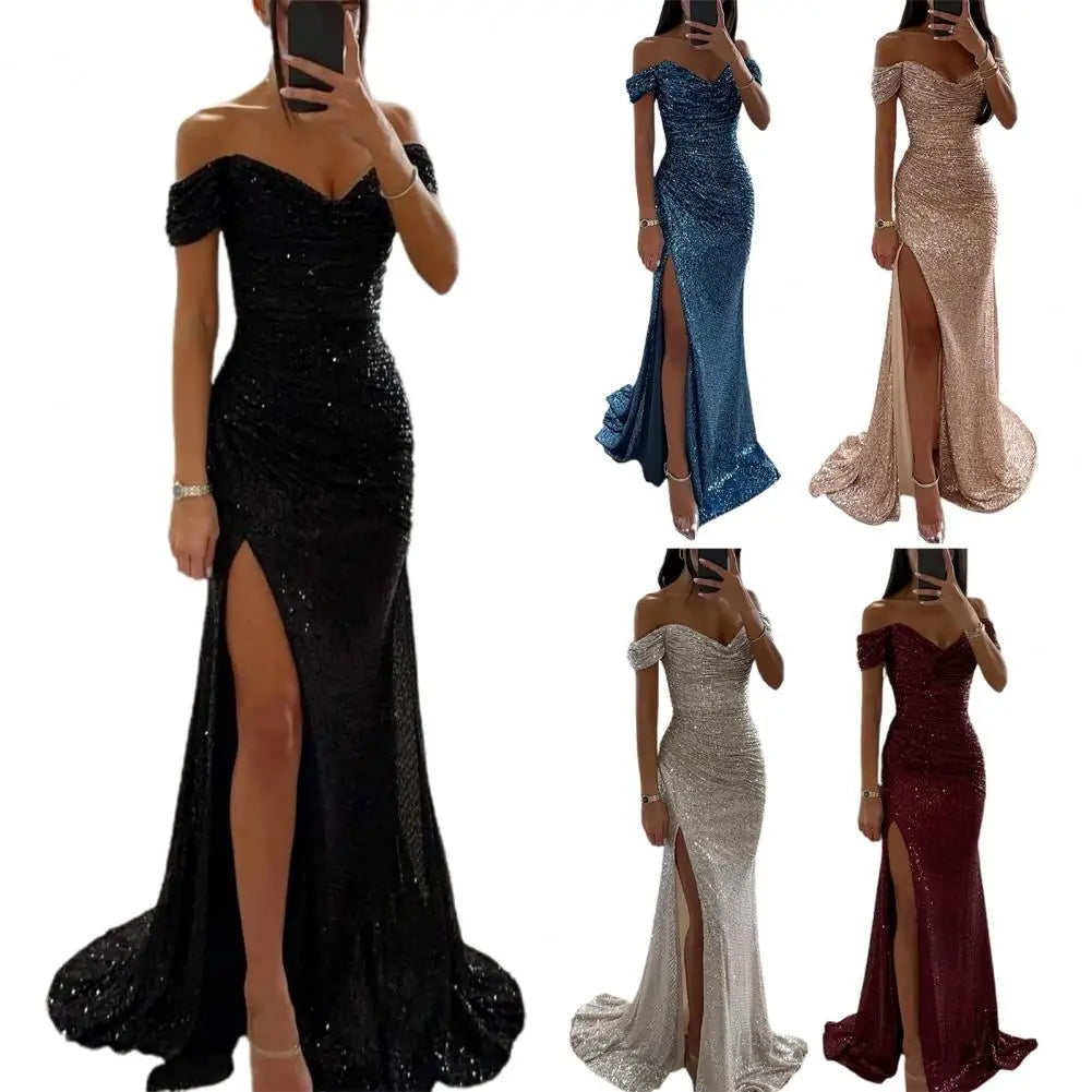 Women’s Evening Gown - Off-Shoulder Sweetheart Neckline - Sequin Embellished - High Slit