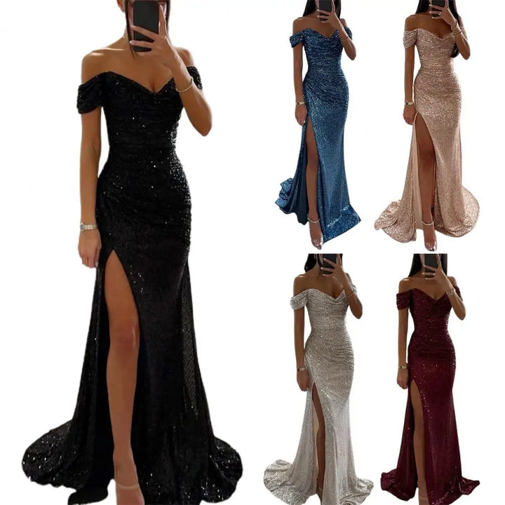 Women’s Evening Gown - Off-Shoulder Sweetheart Neckline - Sequin Embellished - High Slit