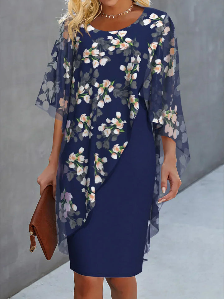 Women’s Midi Dress – Relaxed Fit – Floral Pattern – Asymmetrical Overlay – Lightweight