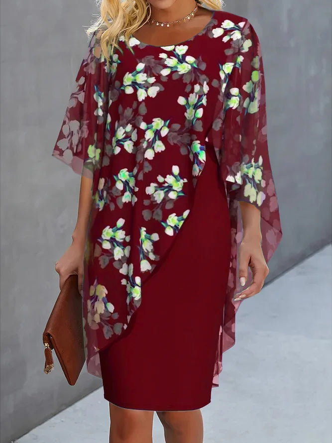 Women’s Midi Dress – Relaxed Fit – Floral Pattern – Asymmetrical Overlay – Lightweight