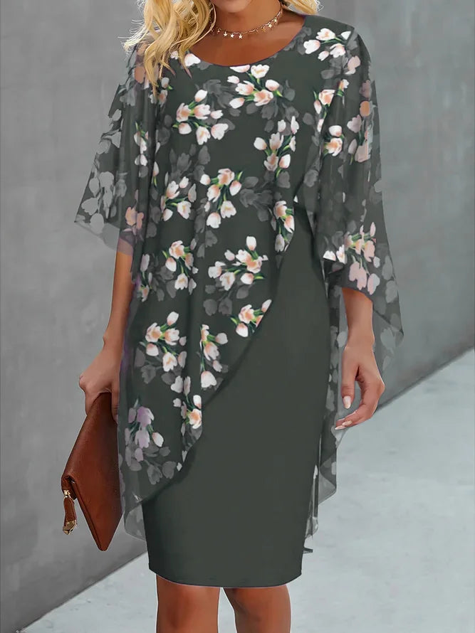 Women’s Midi Dress – Relaxed Fit – Floral Pattern – Asymmetrical Overlay – Lightweight