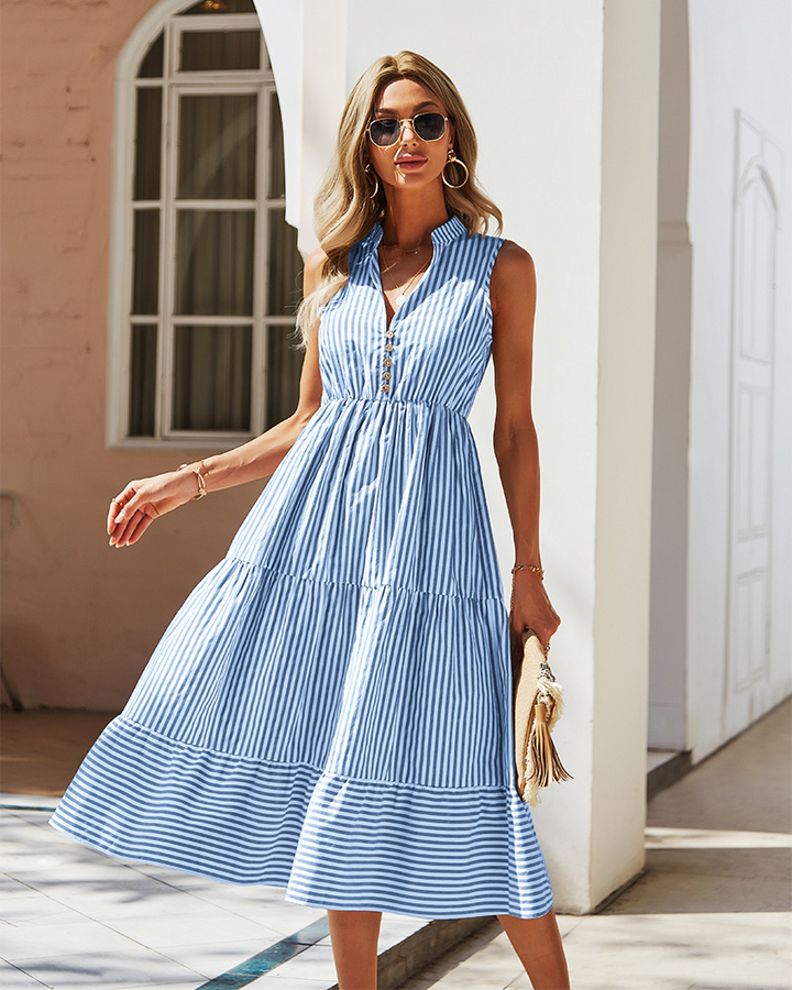 Women's Midi Dress - Sleeveless A-Line - Button Front Collared - Tiered Flowy Skirt
