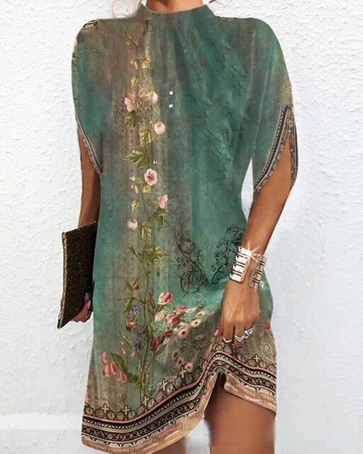Women’s Short Dress - Relaxed Fit - High Neckline - Botanical Print - Breathable Blend