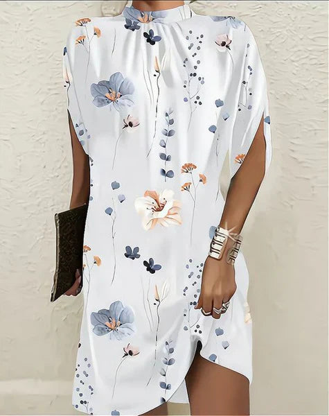 Women’s Short Dress - Relaxed Fit - High Neckline - Botanical Print - Breathable Blend