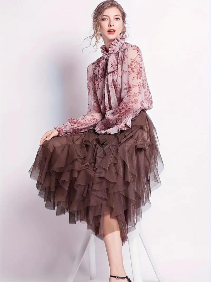 Women’s Midi Skirt – High Waisted – Layered – Ruffled Tiers – Flowing Elegant Fit