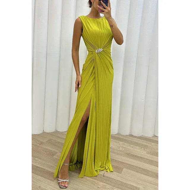 Women's Evening Gown - Sleeveless High Neck - A-Line Silhouette - Ruched Bodice - Thigh Slit