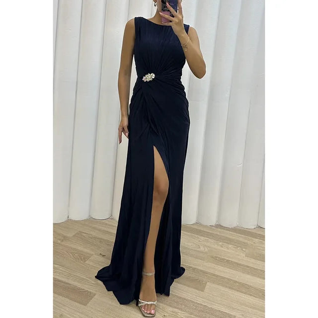 Women's Evening Gown - Sleeveless High Neck - A-Line Silhouette - Ruched Bodice - Thigh Slit