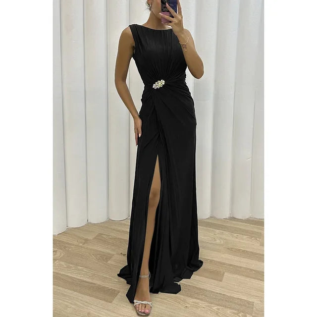 Women's Evening Gown - Sleeveless High Neck - A-Line Silhouette - Ruched Bodice - Thigh Slit