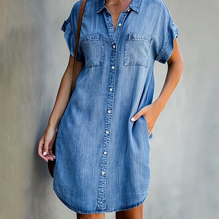 Women’s Shirt Dress - Relaxed Fit - Button-Down Front - Natural Fibers Casual Wear