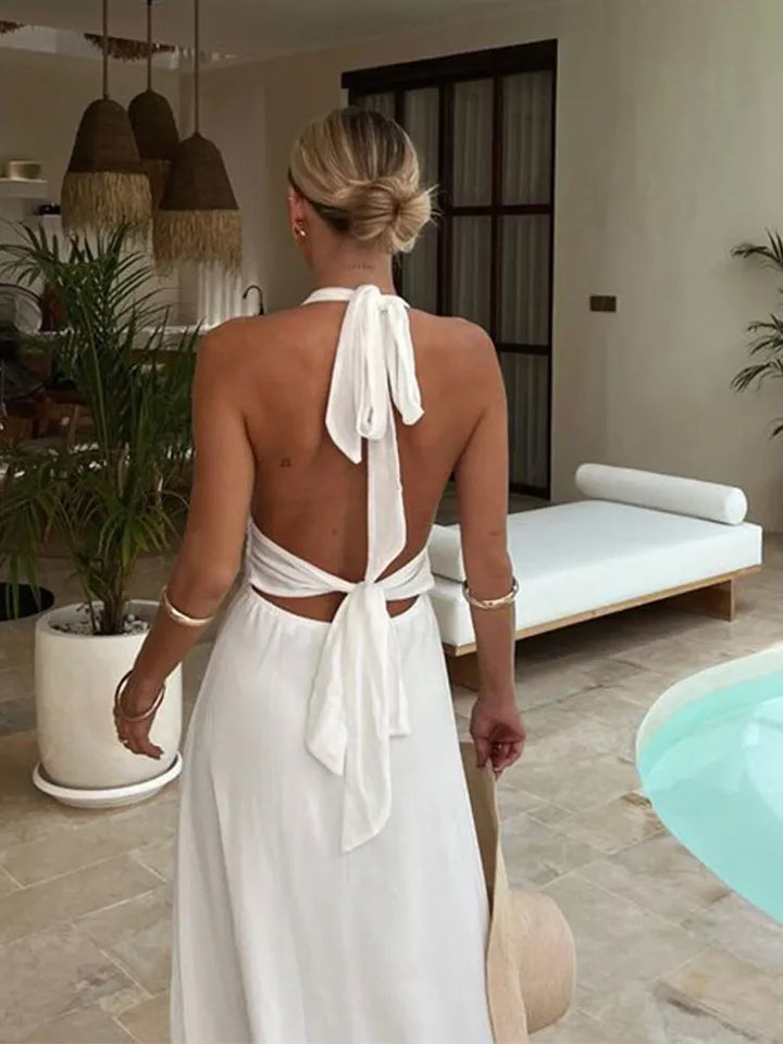 Women's Halter Neck Maxi Dress - Fitted Waist - Thigh-High Slit - Elegant Evening Wear