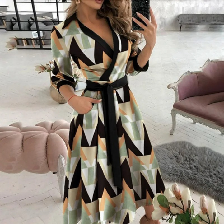 Women's Wrap Midi Dress - V-Neck - Belted Waist - Long Sleeve Elegant Fit
