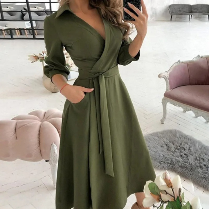Women's Wrap Midi Dress - V-Neck - Belted Waist - Long Sleeve Elegant Fit