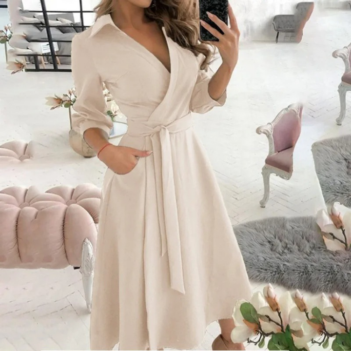 Women's Wrap Midi Dress - V-Neck - Belted Waist - Long Sleeve Elegant Fit