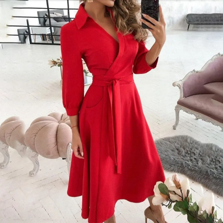 Women's Wrap Midi Dress - V-Neck - Belted Waist - Long Sleeve Elegant Fit