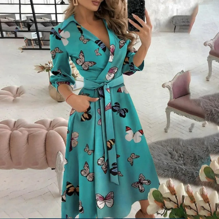 Women's Wrap Midi Dress - V-Neck - Belted Waist - Long Sleeve Elegant Fit