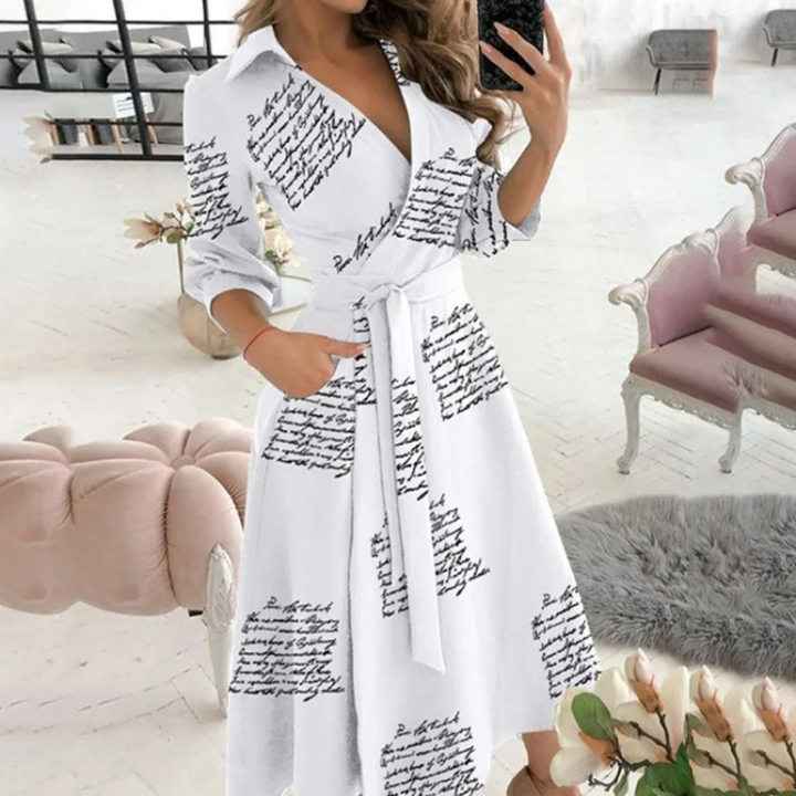 Women's Wrap Midi Dress - V-Neck - Belted Waist - Long Sleeve Elegant Fit