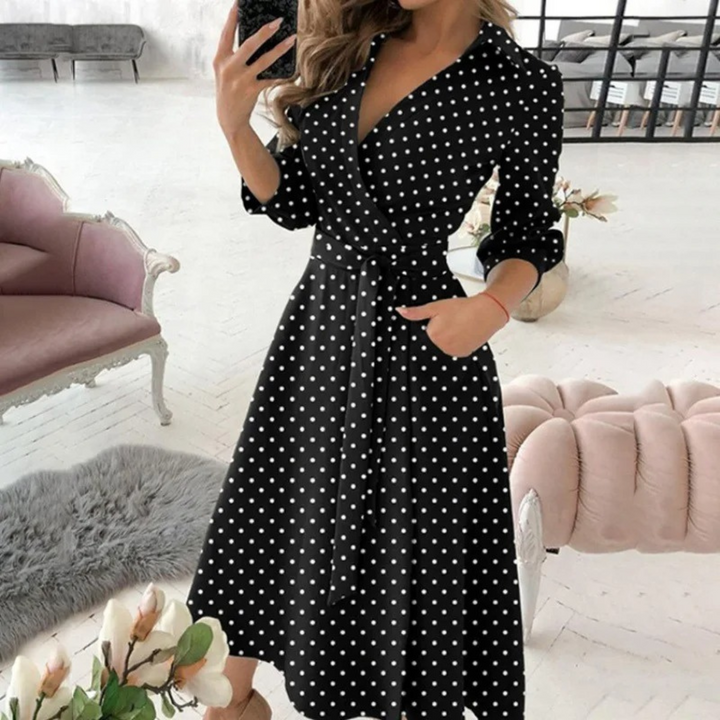 Women's Wrap Midi Dress - V-Neck - Belted Waist - Long Sleeve Elegant Fit