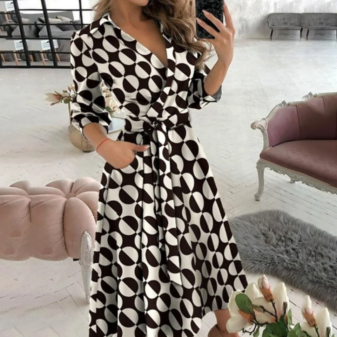 Women's Wrap Midi Dress - V-Neck - Belted Waist - Long Sleeve Elegant Fit