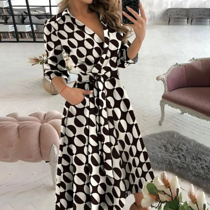 Women's Wrap Midi Dress - V-Neck - Belted Waist - Long Sleeve Elegant Fit