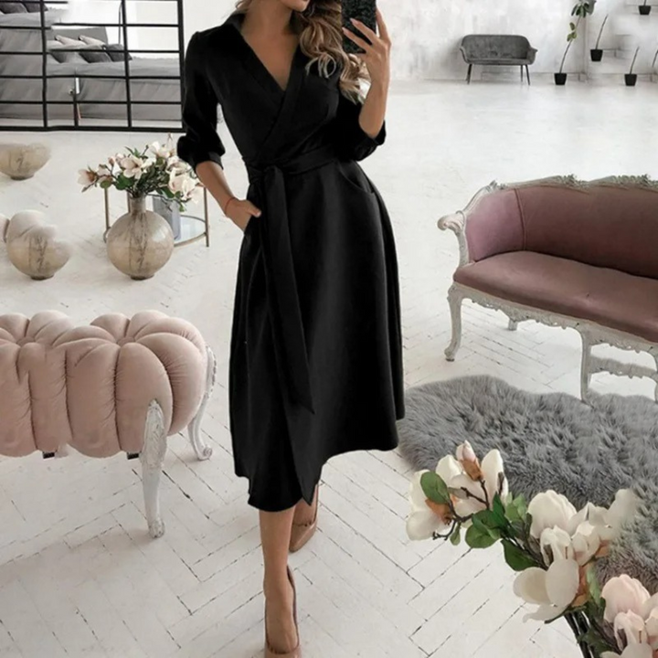 Women's Wrap Midi Dress - V-Neck - Belted Waist - Long Sleeve Elegant Fit