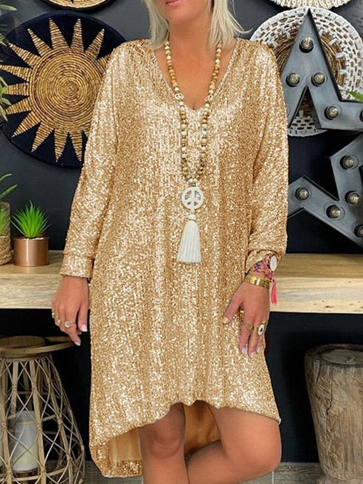 Women’s Party Dress – Sequin Embellished – Loose Fit – V-Neck – Long Sleeve – Asymmetrical Hem