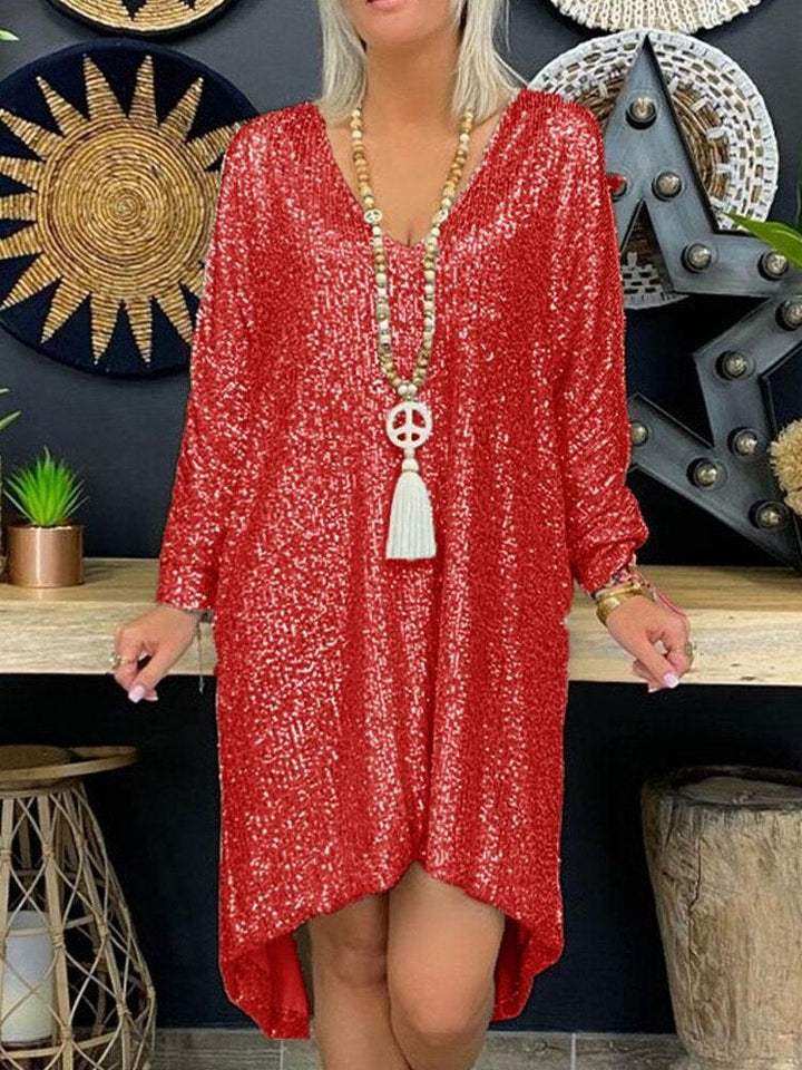 Women’s Party Dress – Sequin Embellished – Loose Fit – V-Neck – Long Sleeve – Asymmetrical Hem