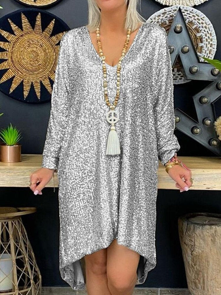 Women’s Party Dress – Sequin Embellished – Loose Fit – V-Neck – Long Sleeve – Asymmetrical Hem
