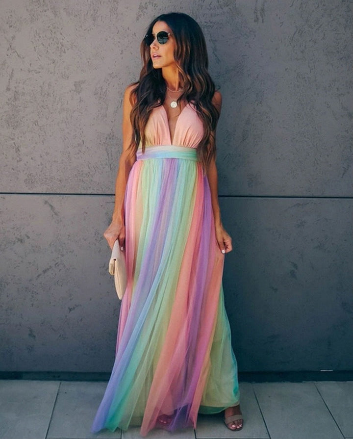 Women's Maxi Dress - Sleeveless Halter - Deep V-Neck - Flowing Elegant Fit
