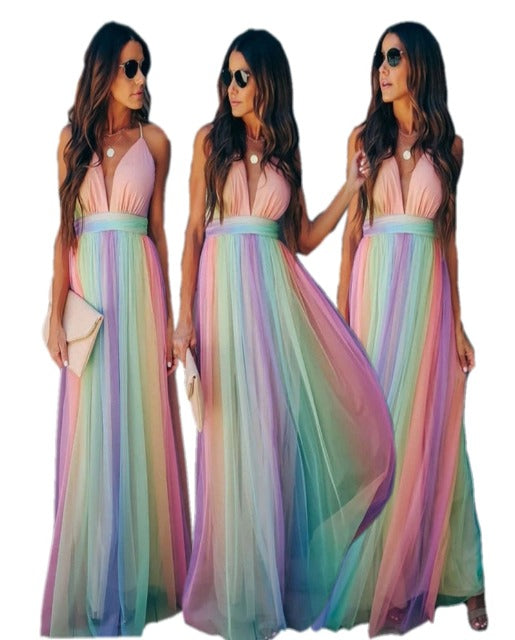 Women's Maxi Dress - Sleeveless Halter - Deep V-Neck - Flowing Elegant Fit