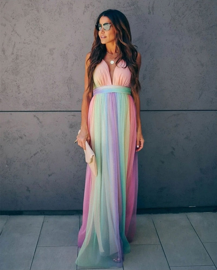 Women's Maxi Dress - Sleeveless Halter - Deep V-Neck - Flowing Elegant Fit