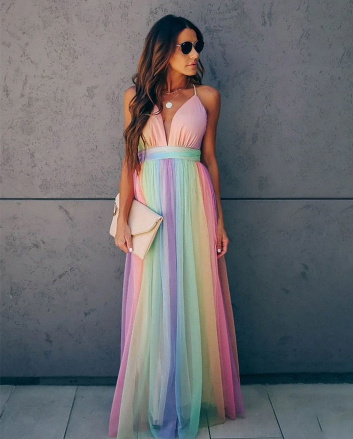 Women's Maxi Dress - Sleeveless Halter - Deep V-Neck - Flowing Elegant Fit
