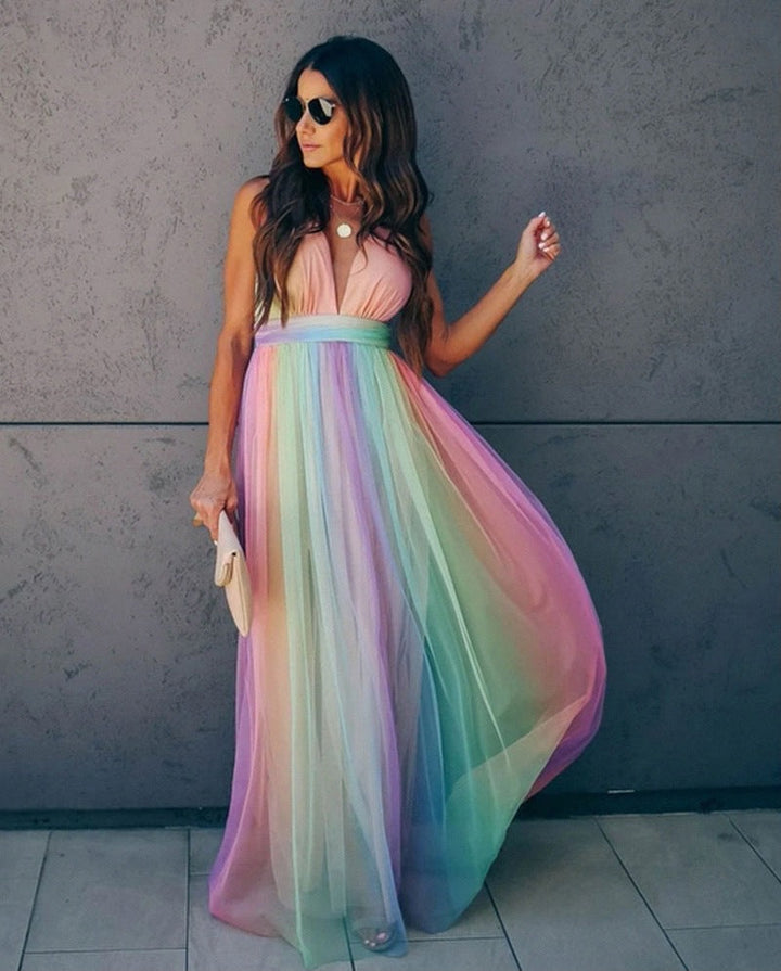 Women's Maxi Dress - Sleeveless Halter - Deep V-Neck - Flowing Elegant Fit