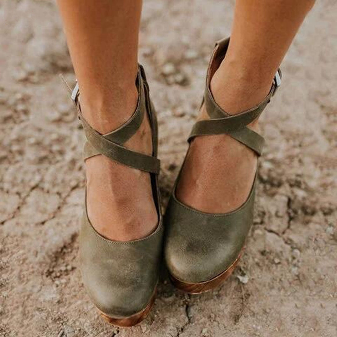 Women’s Wedge Heel Shoes – Closed Toe – Leather Upper – Ankle Strap – Platform Sole