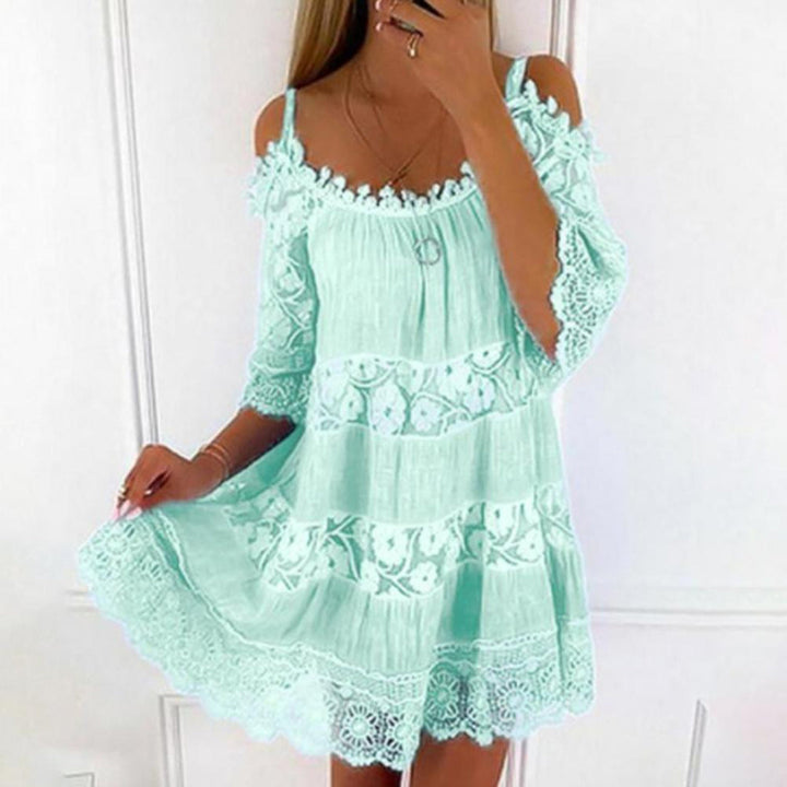 Women’s Off-Shoulder Dress – Flowy Fit – Lace Detailing – Breathable Blend Fabric
