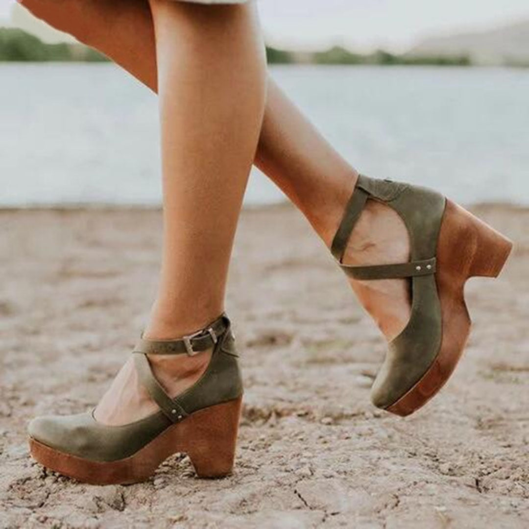 Women’s Wedge Heel Shoes – Closed Toe – Leather Upper – Ankle Strap – Platform Sole
