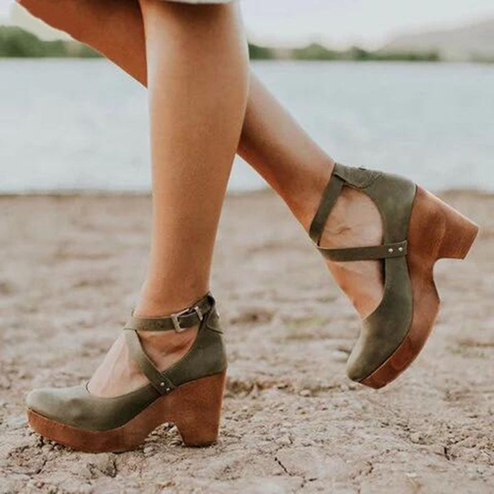 Women’s Wedge Heel Shoes – Closed Toe – Leather Upper – Ankle Strap – Platform Sole