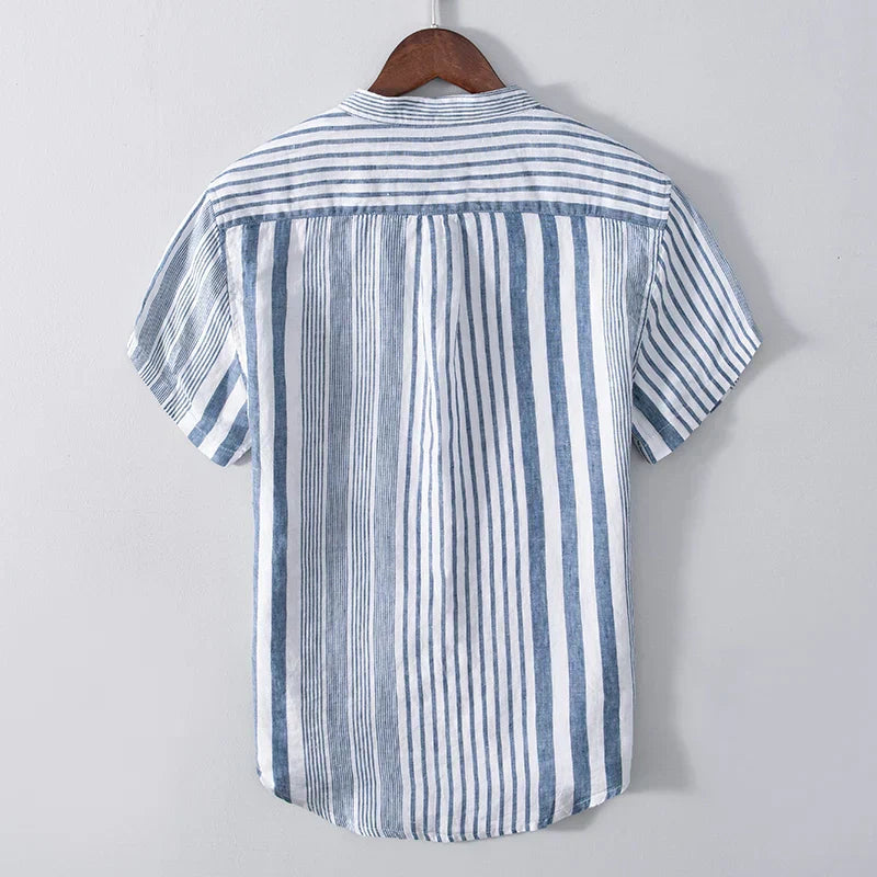 Men’s Short Sleeve Shirt – Relaxed Fit – Breathable Blend – Band Collar – Striped Pattern