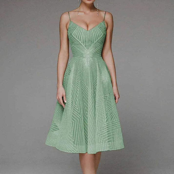 Women’s Midi Dress – A-Line Fit – Sheer Geometric Pattern – V-Neck – Spaghetti Straps
